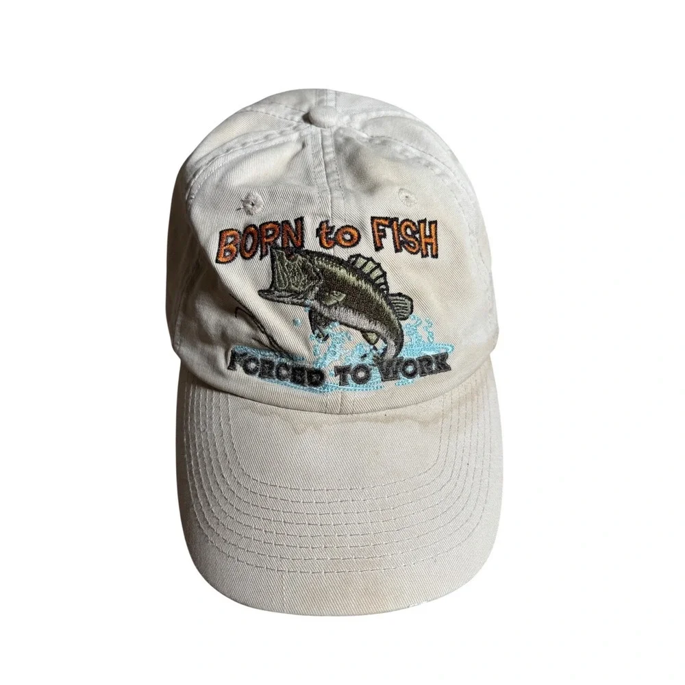 Born to Fish Forced to Work Bass Fishing Hat Embroidered Off White Dad Cap